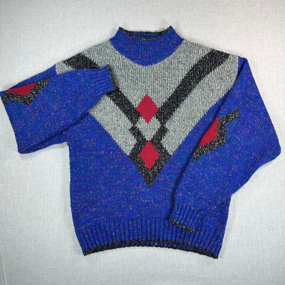 Vtg 80s Retro Sweater XL Blue Grey Confetti Fleck Geometric Apres Ski Interim